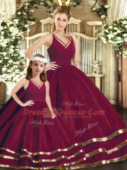 Burgundy Ball Gowns V-neck Sleeveless Tulle Floor Length Backless Ruffled Layers Ball Gown Prom Dress