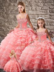 Watermelon Red Lace Up Straps Beading and Ruffled Layers Quinceanera Dresses Organza Sleeveless Court Train