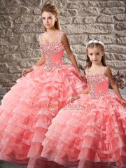 Watermelon Red Lace Up Straps Beading and Ruffled Layers Quinceanera Dresses Organza Sleeveless Court Train