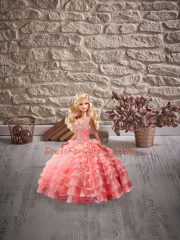 Watermelon Red Lace Up Straps Beading and Ruffled Layers Quinceanera Dresses Organza Sleeveless Court Train