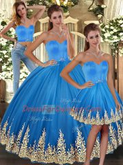 Sleeveless Floor Length Embroidery Lace Up 15th Birthday Dress with Baby Blue