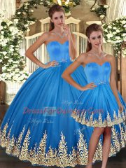 Sleeveless Floor Length Embroidery Lace Up 15th Birthday Dress with Baby Blue