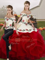 Tulle Off The Shoulder Sleeveless Lace Up Embroidery and Ruffles Quinceanera Dresses in White And Red