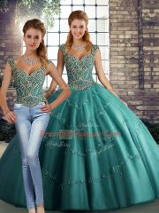 Fantastic Teal Lace Up 15th Birthday Dress Beading and Appliques Sleeveless Floor Length