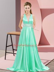 Apple Green Sleeveless Elastic Woven Satin Brush Train Backless Evening Dress for Prom and Party