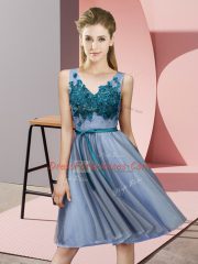 Custom Designed Tulle V-neck Sleeveless Lace Up Appliques Dama Dress for Quinceanera in Blue