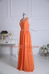 Traditional Orange Sleeveless Floor Length Ruching Zipper Dama Dress for Quinceanera