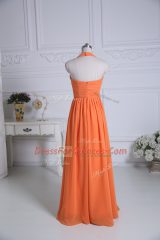 Traditional Orange Sleeveless Floor Length Ruching Zipper Dama Dress for Quinceanera