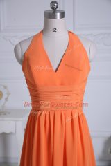 Traditional Orange Sleeveless Floor Length Ruching Zipper Dama Dress for Quinceanera