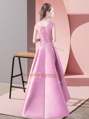 Sleeveless Satin High Low Zipper Dama Dress in Watermelon Red with Lace