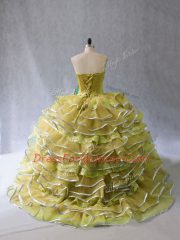 Glorious Olive Green Sweetheart Neckline Appliques and Ruffles Ball Gown Prom Dress Sleeveless Lace Up
