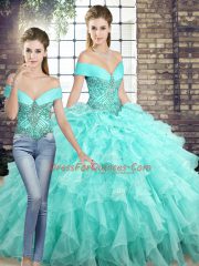 Simple Aqua Blue Organza Lace Up Quince Ball Gowns Sleeveless Brush Train Beading and Ruffles