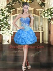 Fancy Baby Blue Ball Gowns Beading and Ruffles Prom Dresses Lace Up Organza Sleeveless Mini Length