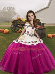 Wonderful Fuchsia Sleeveless Floor Length Embroidery Lace Up Girls Pageant Dresses