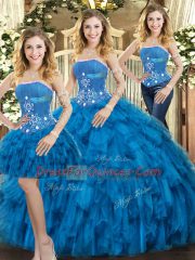 Superior Blue Sleeveless Beading and Ruffles Floor Length Quince Ball Gowns