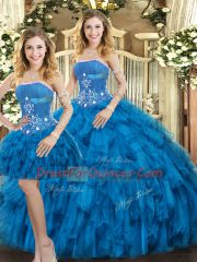 Superior Blue Sleeveless Beading and Ruffles Floor Length Quince Ball Gowns