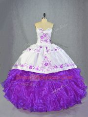 Deluxe Purple Ball Gowns Organza Sweetheart Sleeveless Beading and Ruffles Lace Up Sweet 16 Dresses Brush Train