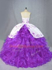Deluxe Purple Ball Gowns Organza Sweetheart Sleeveless Beading and Ruffles Lace Up Sweet 16 Dresses Brush Train