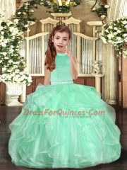 Apple Green Ball Gowns Organza High-neck Sleeveless Beading Backless Pageant Gowns