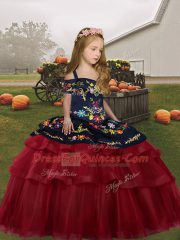 Straps Sleeveless Little Girls Pageant Dress Floor Length Embroidery and Ruffled Layers Red Tulle