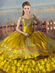 High Quality Satin Off The Shoulder Sleeveless Lace Up Embroidery and Ruffled Layers Ball Gown Prom Dress in Brown