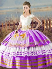 Lilac V-neck Neckline Embroidery and Ruffled Layers Quince Ball Gowns Sleeveless Lace Up