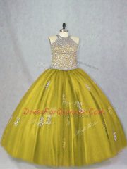 Custom Designed Olive Green Halter Top Neckline Beading and Appliques Sweet 16 Dresses Sleeveless Lace Up