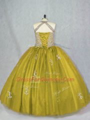 Custom Designed Olive Green Halter Top Neckline Beading and Appliques Sweet 16 Dresses Sleeveless Lace Up