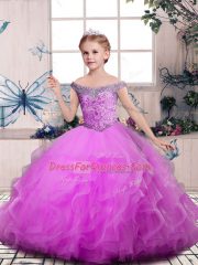 Lilac Sleeveless Floor Length Beading and Ruffles Lace Up Kids Formal Wear