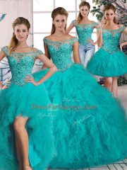 Most Popular Long Sleeves Tulle Brush Train Lace Up Quinceanera Gowns in Aqua Blue with Beading and Ruffles