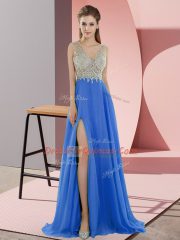 Modest Beading Prom Party Dress Blue Zipper Sleeveless Sweep Train