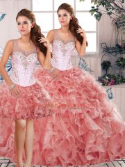 Watermelon Red Organza Clasp Handle Sweet 16 Quinceanera Dress Sleeveless Floor Length Beading and Ruffles