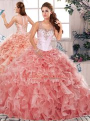 Watermelon Red Organza Clasp Handle Sweet 16 Quinceanera Dress Sleeveless Floor Length Beading and Ruffles