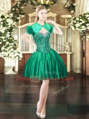 Free and Easy Sweetheart Sleeveless Prom Party Dress Mini Length Beading Dark Green Satin