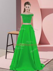 Glorious Green Juniors Party Dress Off The Shoulder Sleeveless Sweep Train Backless