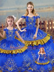 Blue Satin Lace Up Vestidos de Quinceanera Sleeveless Floor Length Embroidery