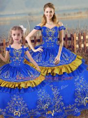Blue Satin Lace Up Vestidos de Quinceanera Sleeveless Floor Length Embroidery