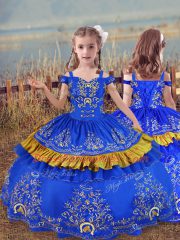 Blue Satin Lace Up Vestidos de Quinceanera Sleeveless Floor Length Embroidery
