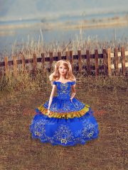 Blue Satin Lace Up Vestidos de Quinceanera Sleeveless Floor Length Embroidery
