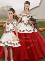 Gorgeous White And Red Sleeveless Floor Length Embroidery Lace Up Quinceanera Dress