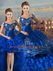 Trendy Ball Gowns Quinceanera Dress Royal Blue Off The Shoulder Satin and Organza Sleeveless Floor Length Lace Up