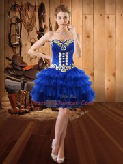 Royal Blue Sweetheart Neckline Embroidery and Ruffled Layers Prom Evening Gown Sleeveless Lace Up