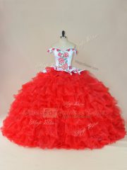 Artistic Brush Train Ball Gowns Sweet 16 Quinceanera Dress White And Red Off The Shoulder Organza Sleeveless Lace Up
