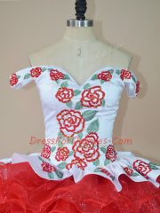 Artistic Brush Train Ball Gowns Sweet 16 Quinceanera Dress White And Red Off The Shoulder Organza Sleeveless Lace Up