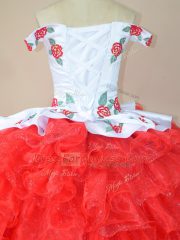 Artistic Brush Train Ball Gowns Sweet 16 Quinceanera Dress White And Red Off The Shoulder Organza Sleeveless Lace Up