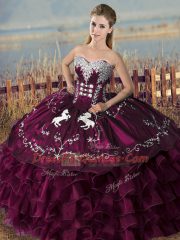 Purple Ball Gowns Sweetheart Sleeveless Satin and Organza Floor Length Lace Up Embroidery and Ruffles Vestidos de Quinceanera