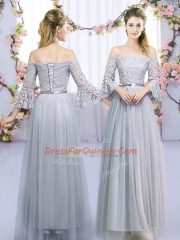 Super Grey 3 4 Length Sleeve Floor Length Lace and Belt Lace Up Quinceanera Dama Dress