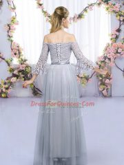 Super Grey 3 4 Length Sleeve Floor Length Lace and Belt Lace Up Quinceanera Dama Dress