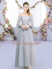 Super Grey 3 4 Length Sleeve Floor Length Lace and Belt Lace Up Quinceanera Dama Dress