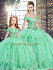 Popular Tulle Off The Shoulder Sleeveless Lace Up Beading and Ruffles Quinceanera Dress in Apple Green